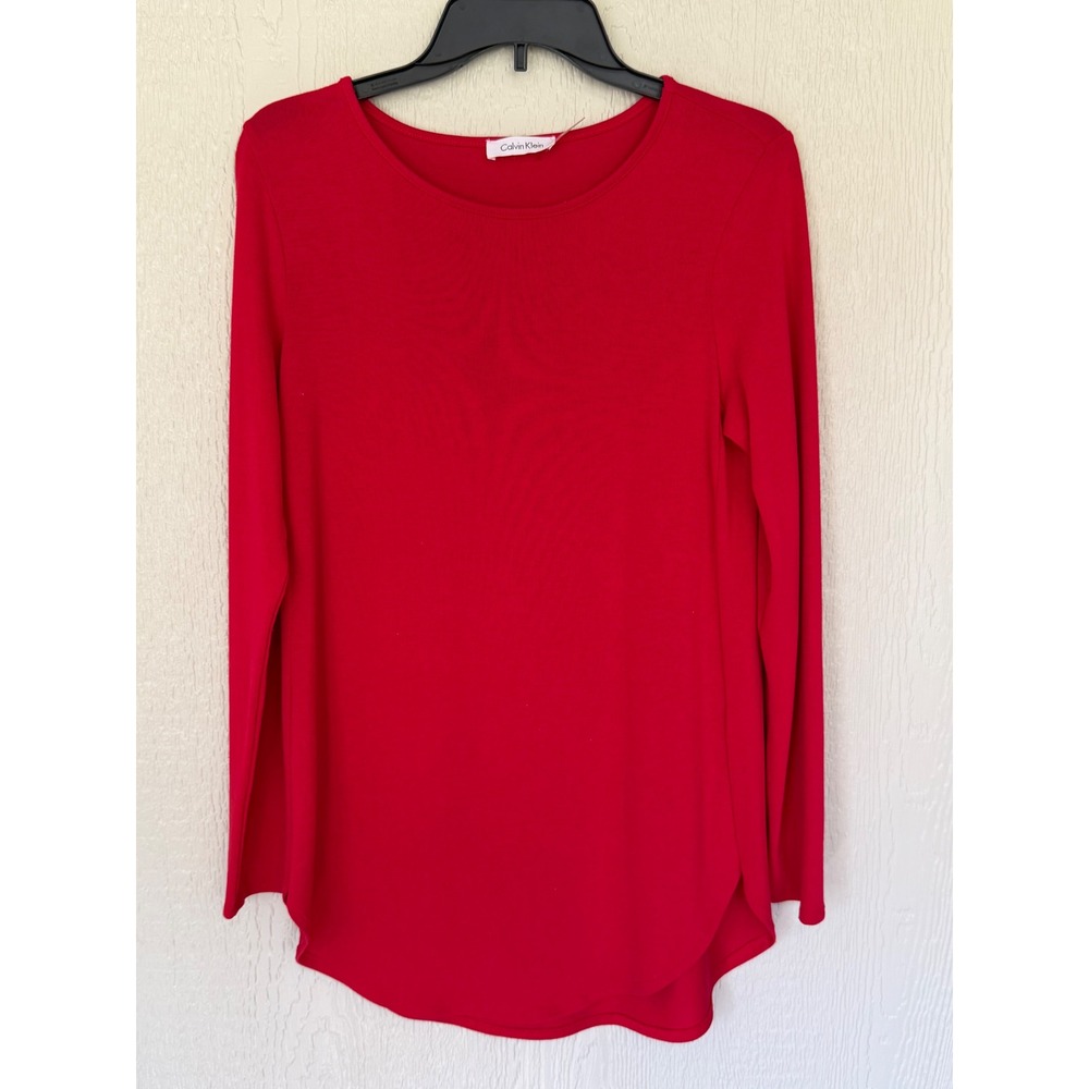 Calvin Klein Womens Red Long Sleeve Crew Neck High Low Hem Tunic Top